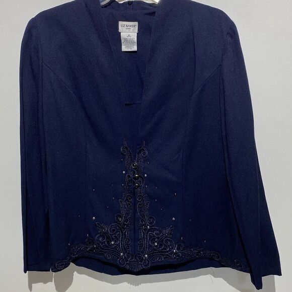 Liz Baker Women's Navy Blue Embroidered Front Blazer Jacket Size 12P NWT - Picture 1 of 9